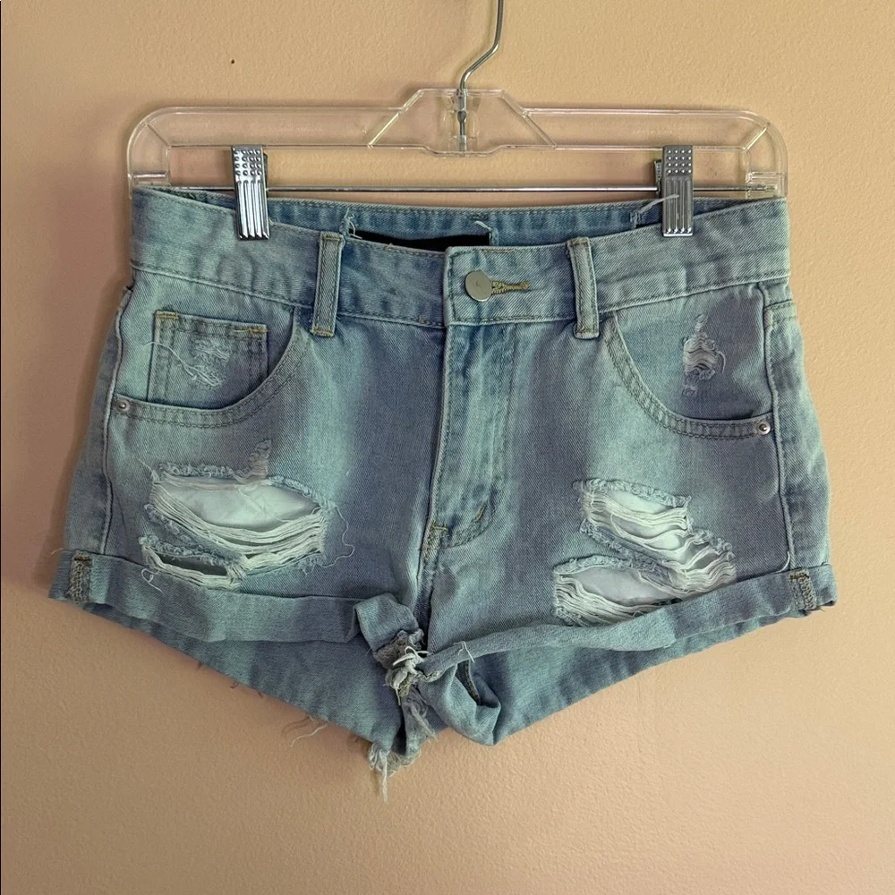 SHEIN Light Blue Distressed Denim Rolled-Hem Jean Shorts